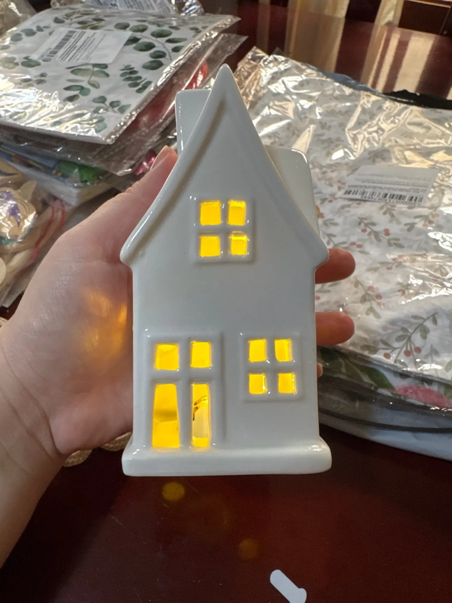 Ceramic Christmas Home Decorations Lighted Christmas House Figurine with Light Xmas Crafts Creative LED Hollow House photo review
