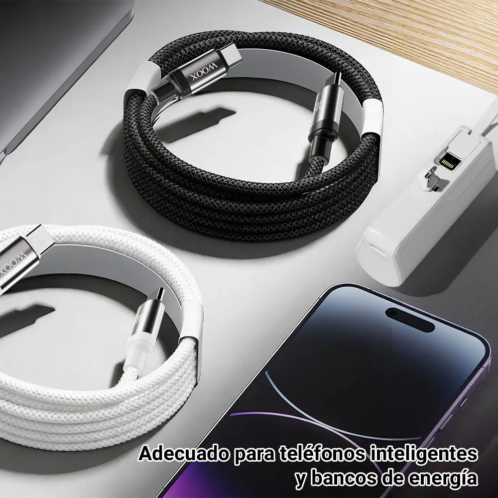 Cable Trenzado de Nailon WOOX de 60W con Carga Rápida PD, Tipo C a Tipo C, 20V 3A, Cargador USB Compatible con 17 Cables de Datos Digitales