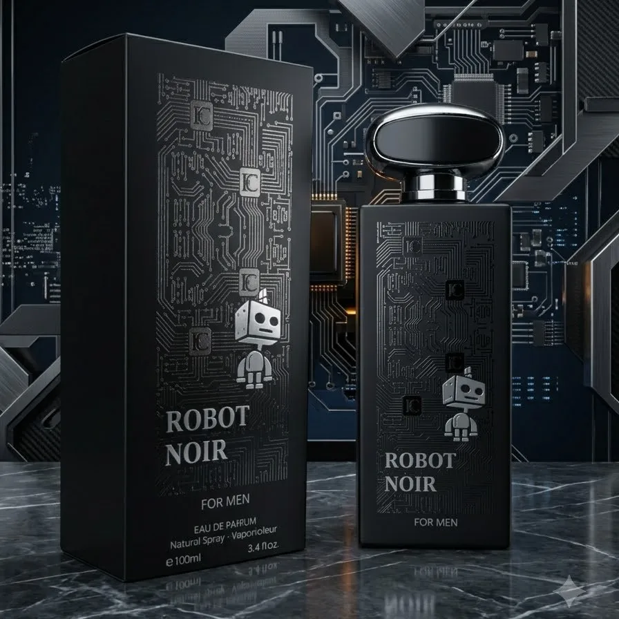Robot Noir 100ml - Parfum Couture. Parfum pour homme Eau de Parfum, un arôme masculin mystérieux et intense avec des nuances boisées sombres et des notes épicées.