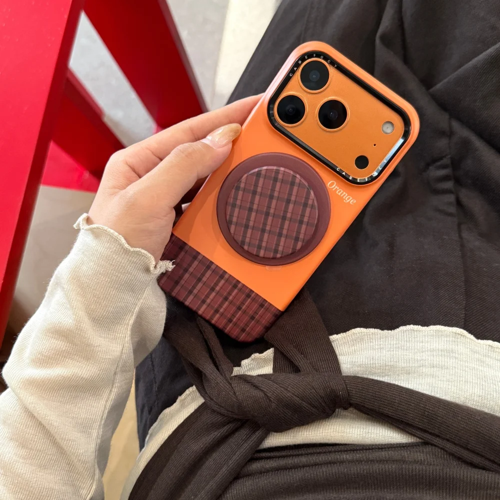 

Simple orange phone case brown plaid magnetic stand protective cover For iPhone 17 Pro 16 Pro Max 15 13 14 Funda For Magsafe Cas