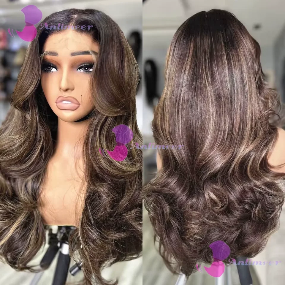 

Balayaga Коричневый Тонкая Линия Блондинка Выделенные Цветные Человеческие Волосы Объемные Волнистые 13x6/360 Парики Фронта Шнурка Предварительно Сорванные 5x5 Шелковые Верхние Парики