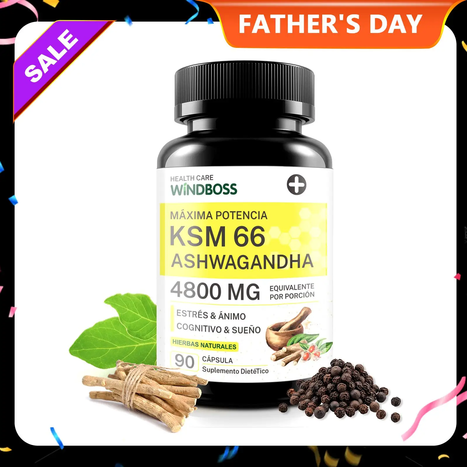 كبسولات Windboss Ashwagandha Ksm-66 4800Mg، مكمل Ashwagandha العضوي، خالي من الغلوتين، غير Gmo، نباتي، مع فلفل أسود لامتصاص أفضل، ودعم النوم - 90 كبسولة