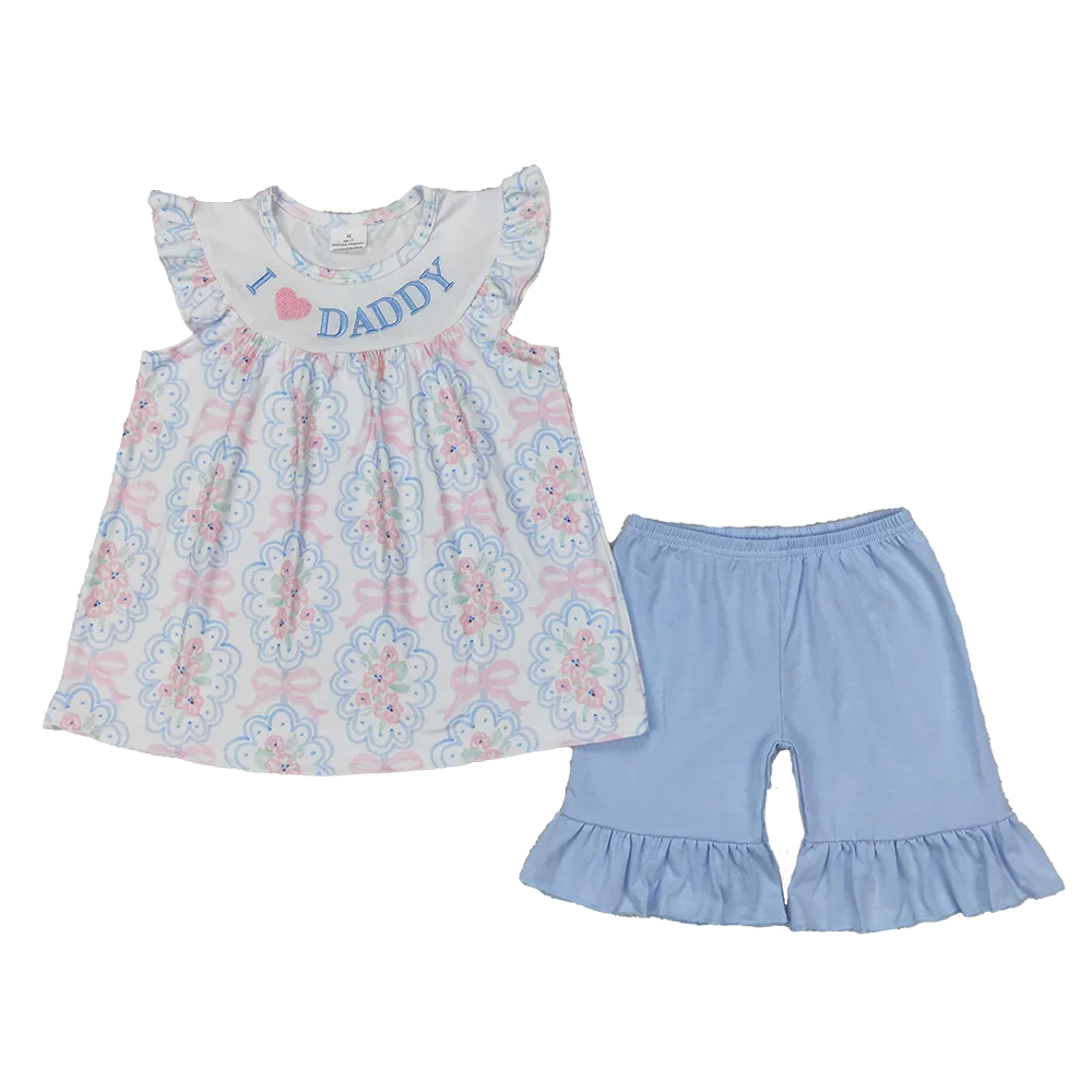 

GSSO2407 Baby Girls Summer Outfits Embroidery Baby Girls I LOVE DADDY Floral Bows Tunic Ruffle Shorts Sets