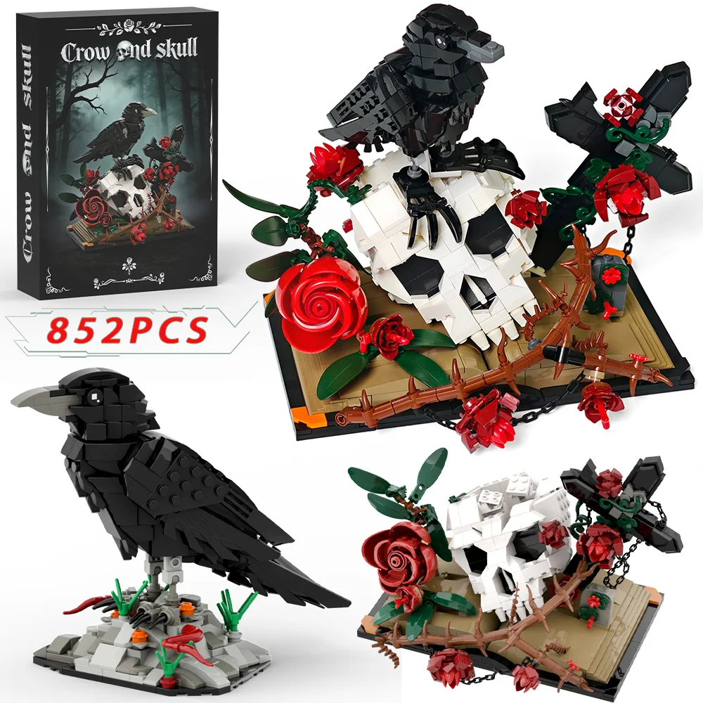 

Gothic Crow Skull Rose Book Building blocks Set 852PCS Flowers Bricks Model for Halloween Home Decor & Gothic Tabletop Ornament