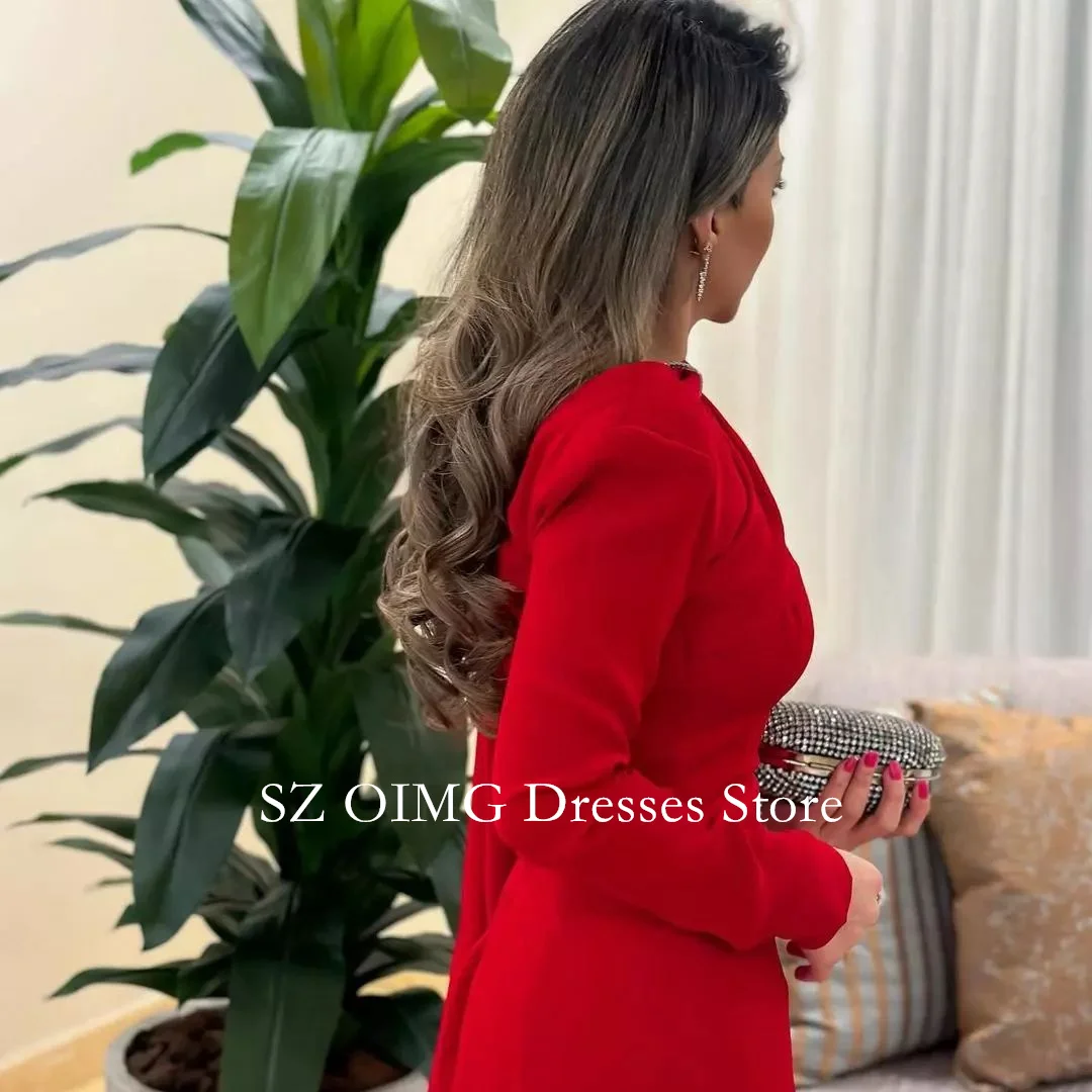 OIMG Dubai Mordern A-Line Prom Dresses Cape Sleeves Crepe Satin Red Evening Dress Women Evening Gowns Formal Slit Party Dress