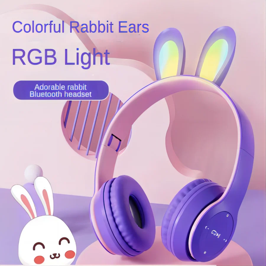 Fone De Ouvido Bluetooth Colorido Para Orelha De Coelho/Luminoso Crianças Com Desenho Animado