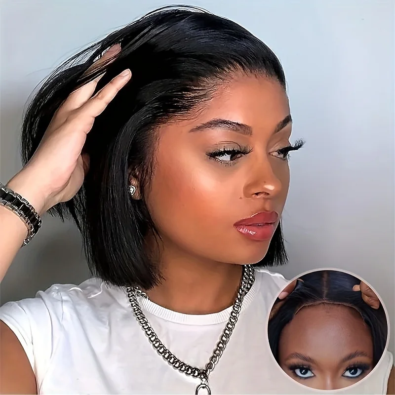 

Alimice Glueless Bob Wig Human Hair Pre Plucked Short Straight Bob Wigs for Women Pre Cut 4x4 Lace Closure HD Transparent