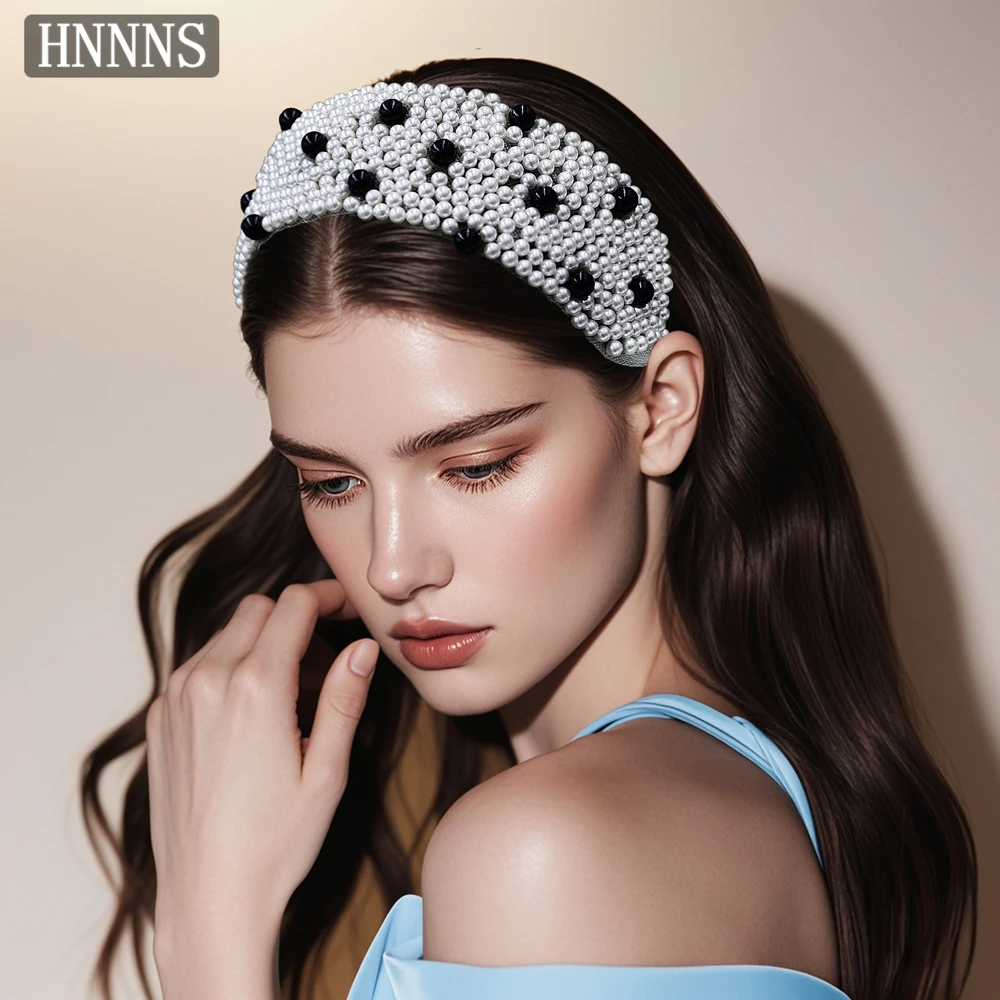 

HNNNS Full Pearls Wide Headband Black Pearl Mesh Headpiece Handmade Light Luxury Headdress Daily Dating Hair Accessories A206