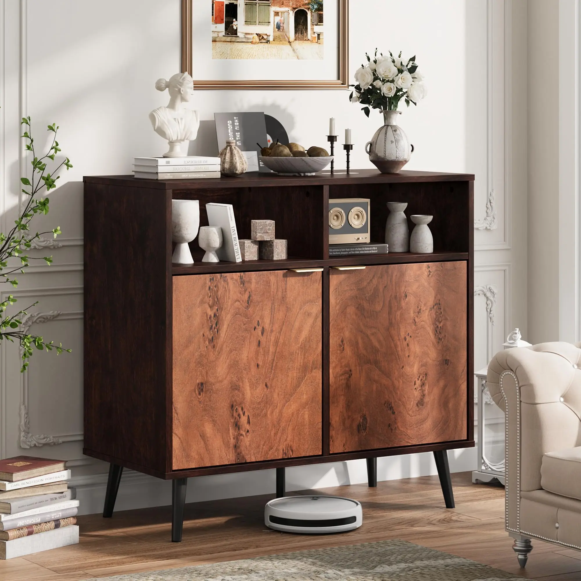 Buffet à tiroirs 80x40x80 cm, meuble d'appoint rétro avec 2 portes aspect bois de racine et 2 compartiments ouverts, armoire de rangement compatible robot aspirateur pour salon, couloir, bar à café, noyer