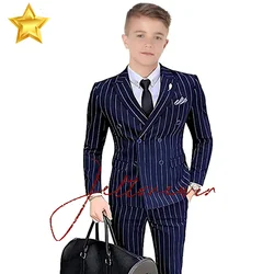 男の子用ピンストライプスーツ、ダブルブレストtuxedoスーツセット、ショールカラー、男の子用ウェディングフォーマルスーツ、2個