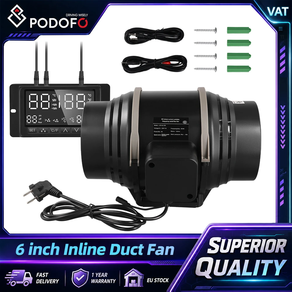 Podofo 6 Zoll Inline-Rohrventilator, geräuscharmer Haushalts-Inline-Rohrventilator mit Temperatur- und Feuchtigkeitsregler, EC-Motor, Lüftungs- und Abluftventilator für Küche, Bad, Toilette,