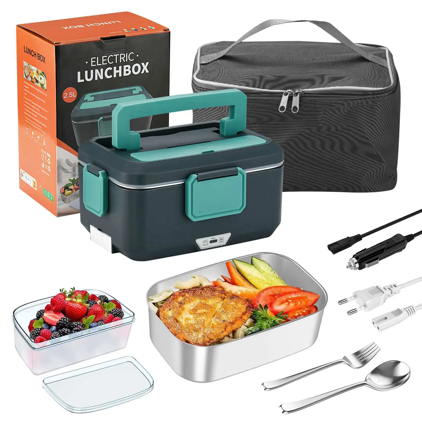 2,5L Elektrische Lunchbox 90W, Tragbarer Speisenwärmer für Auto & Zuhause, Auslaufsicherer Edelstahlbehälter, Schnelle Erwärmung