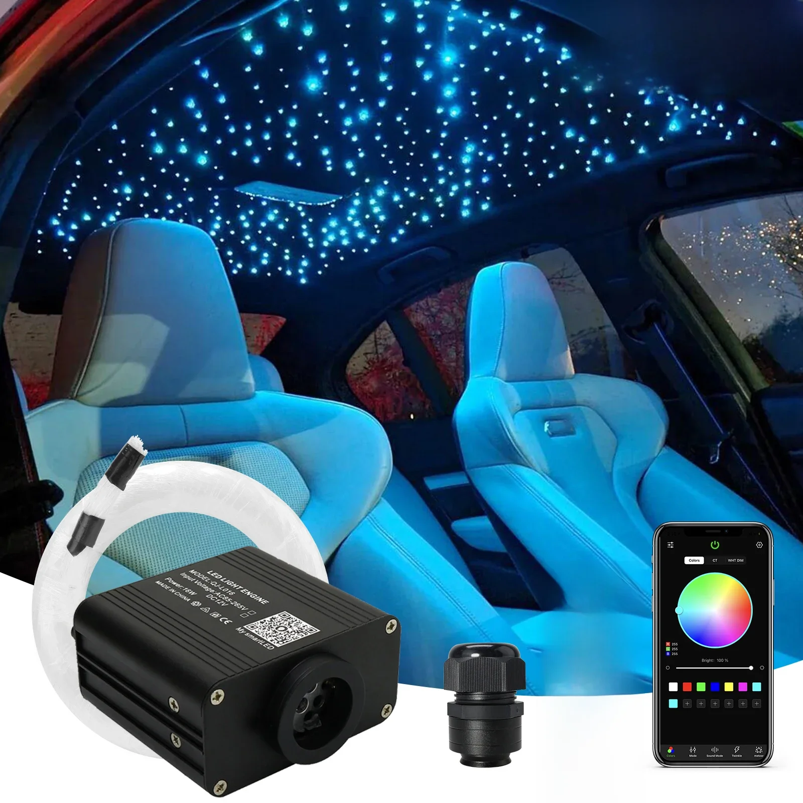 Nowy zestaw lamp sufitowych 16W Twinkle RGBW Światłowodowe gwiazdki Smart APP Sterowanie dźwiękiem Silnik LED do samochodu Światło światłowodowe Starry Sky — zdjęcie 2