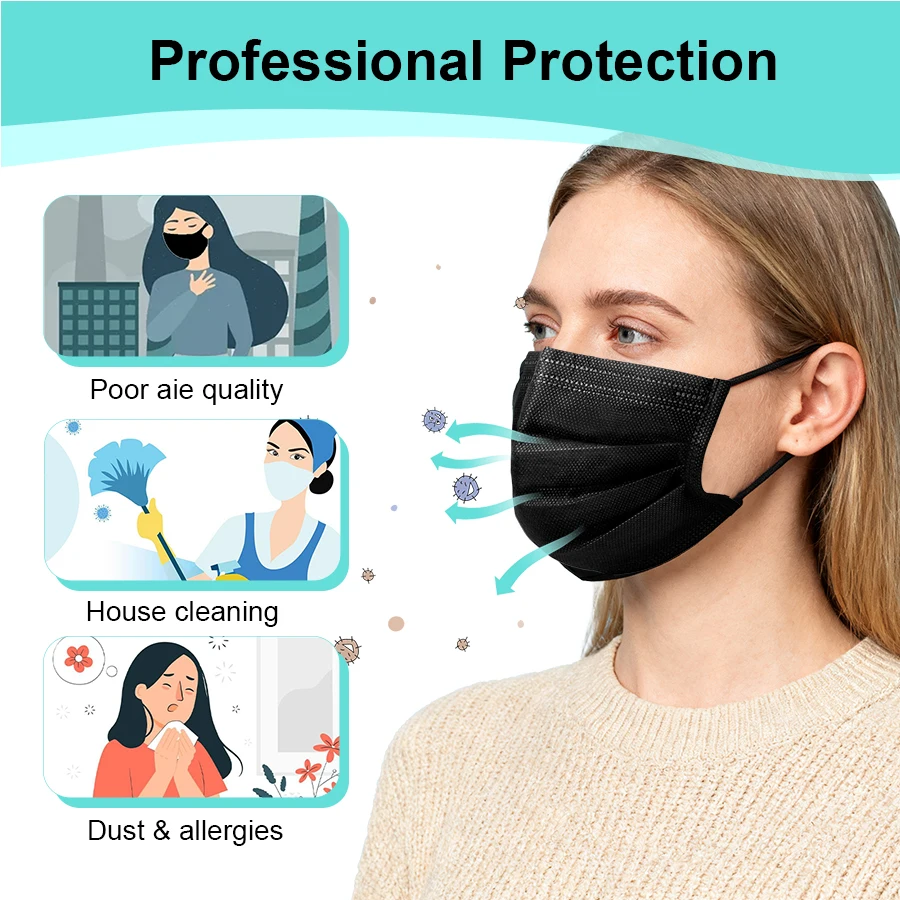 Mascarilla facial negra desechable de 100 piezas: filtración de 3 capas, trabillas cómodas, ideal para ir de compras, deportes, viajes y trabajo