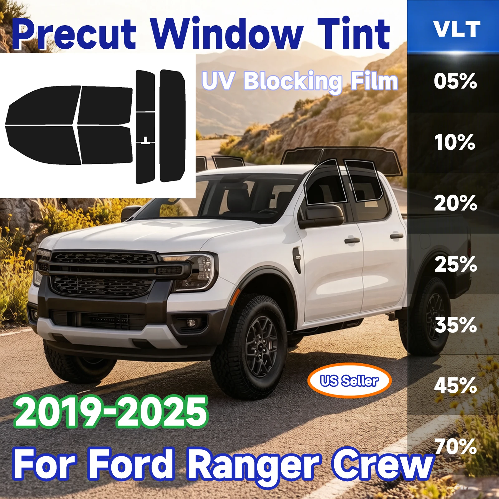 

Precut Window Tint Car for Ford Ranger Crew 2019-2025 Auto Sun Uv Blocking Heat 2Ply Window Protector Privacy Films Shade