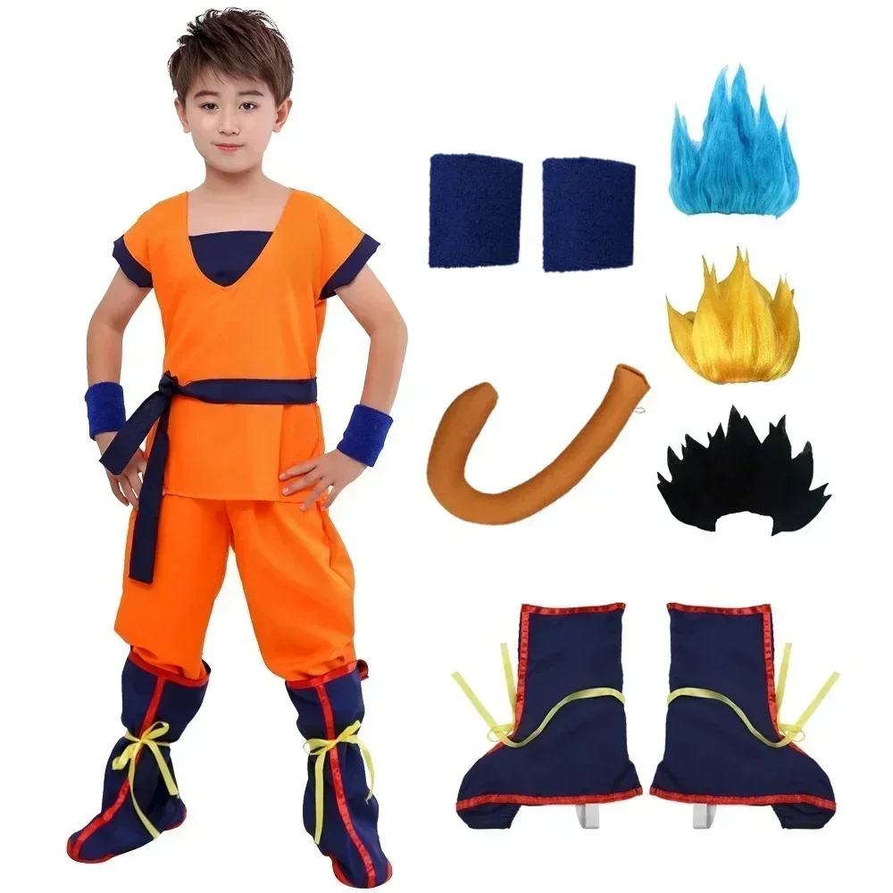 Halloween Dorosłe Garnitury Dla Dzieci Son Goku Gui Karnawał Anime Cosplay Kostiumy Świąteczne Ogon Wrister Peruka Niebieski Złoty Dzieci Ubierz się — 2