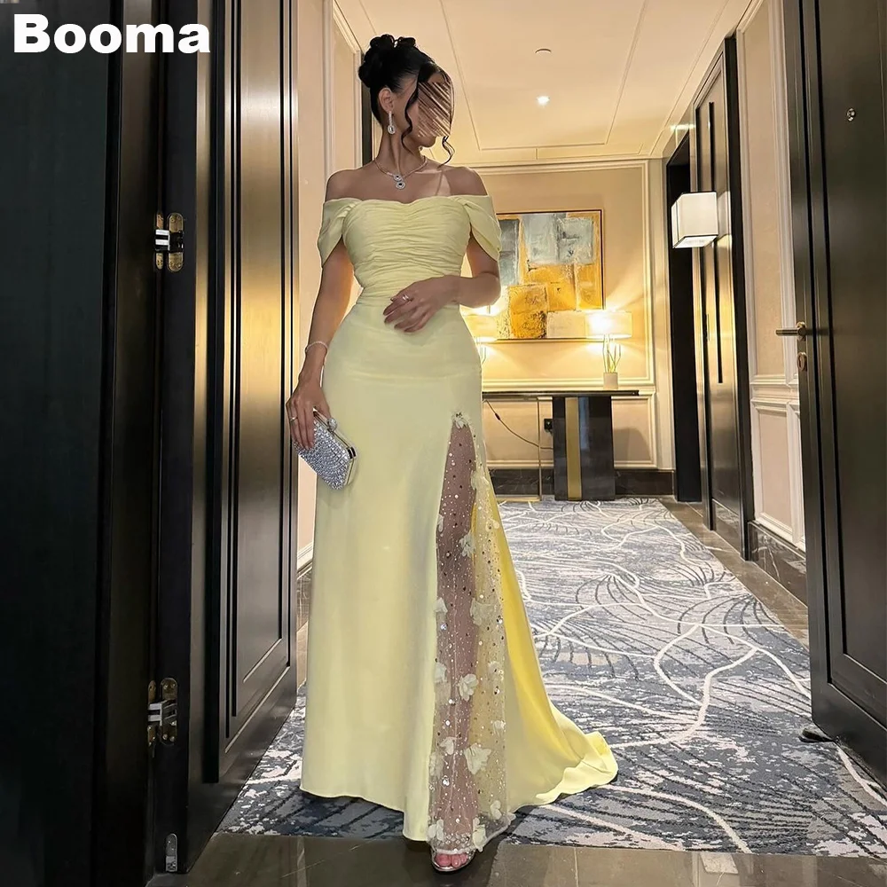 

Booma Mermaid Evening Dresses Off Shoulder Pleats Formal Occasion Gowns for Women 3D Flowers Long Prom Dresses Dubai Customized