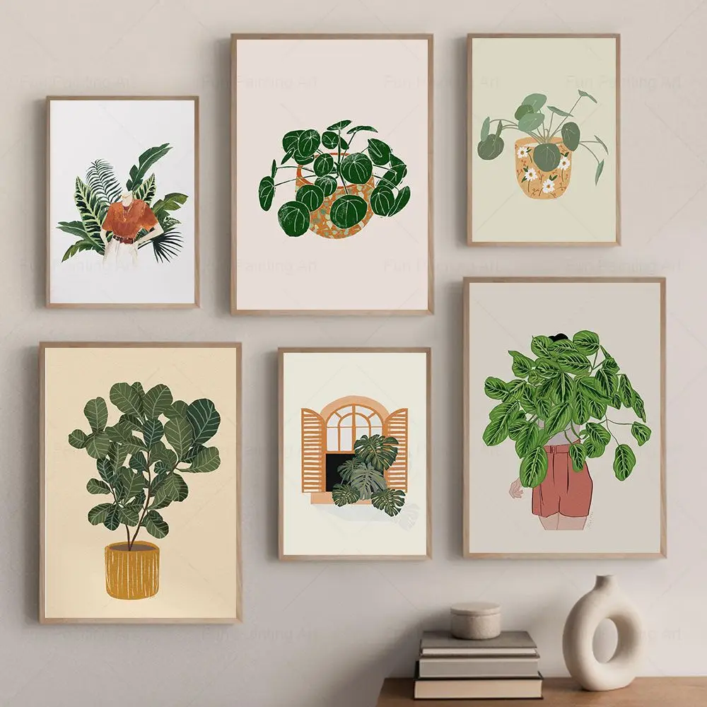 Botanical House Plants Art Print Canvas Painting Cute Cat Poster Boho Wall Pictures Living Room Home Decoration Plant Lover Gift