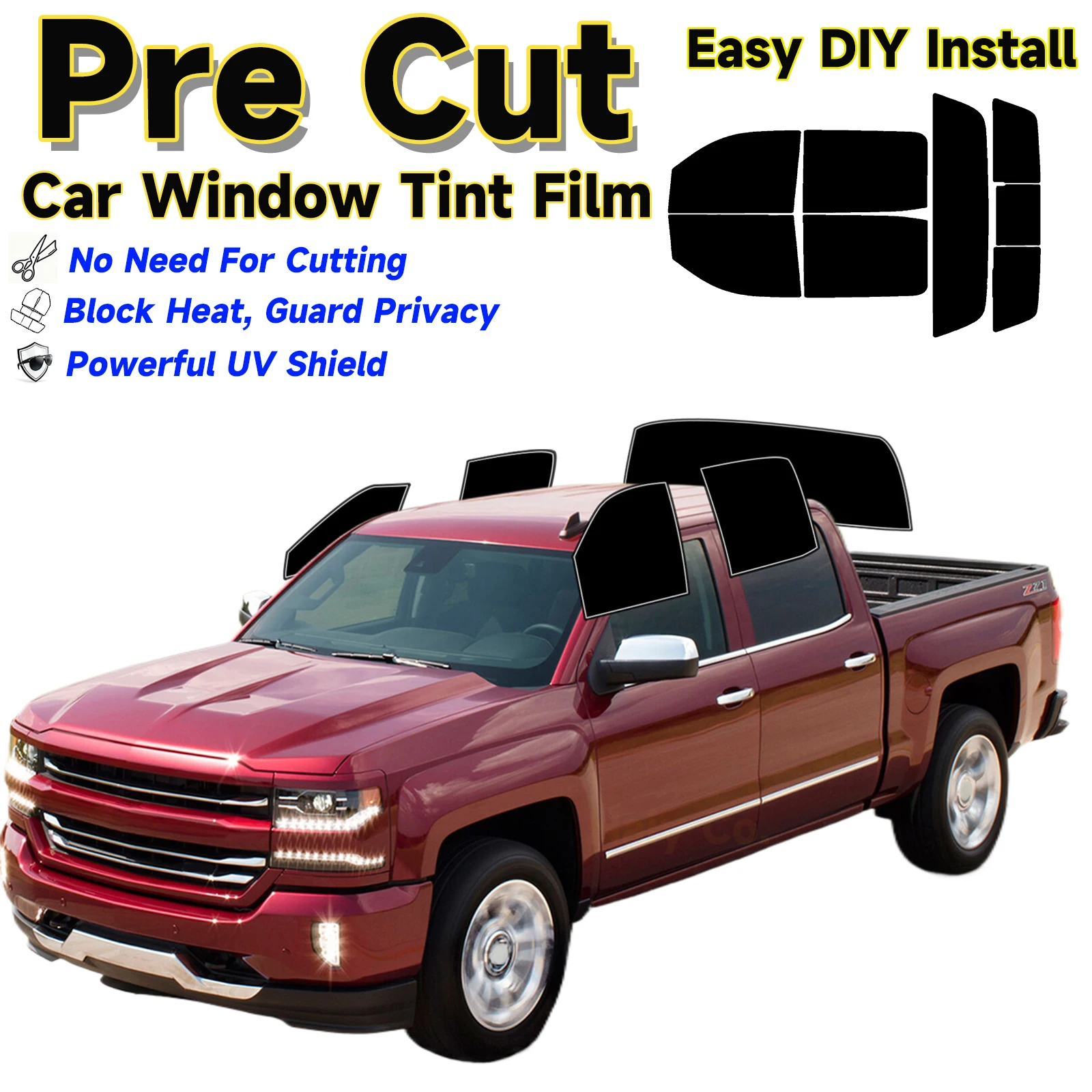 

Precut Window Tint Car for Chevrolet Silverado 1500 Crew 2014-2018 Auto Sun Uv Blocking Heat 2Ply Window Protector Privacy Films