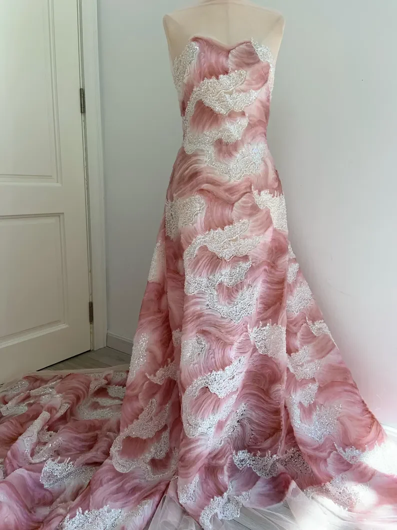 

Pink Salmon 3D Coiled Floral Embroidery Fabric With Beadwork 3D Mesh Textured Wave Fabric For Bridal Dress Lace Tulle Dress