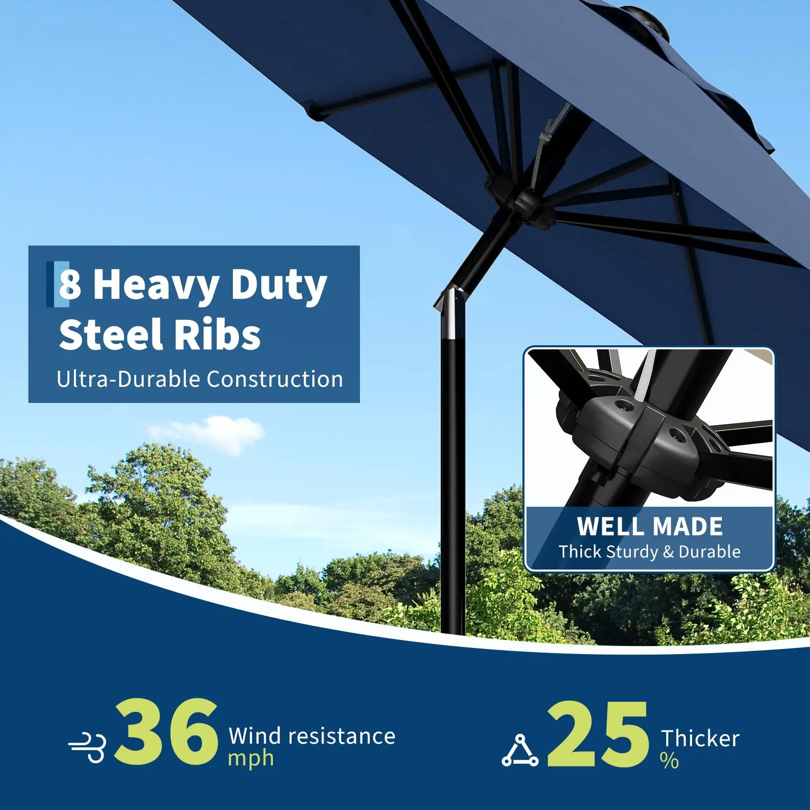 10FT Umbrella Outdoor Patio, Table Umbrella with Push Button Tilt and Crank, 8 Sturdy Ribs Waterproof UV Protection for Garden, Pool, Deck, Backyard, Market (Navy Blue)