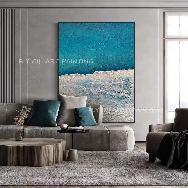 

Blue White Seascape Abstract Oil Painting Hand Painting Abstract Ocean View White Beach Canvas Wall Art Decor Modern Style Art