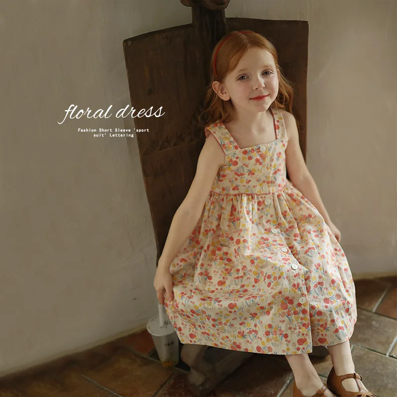 Young Girls Disty Floral Dress Button Front Toddler Girls Children Spaghetti Strap Dress Natural Style Vintage Outfits