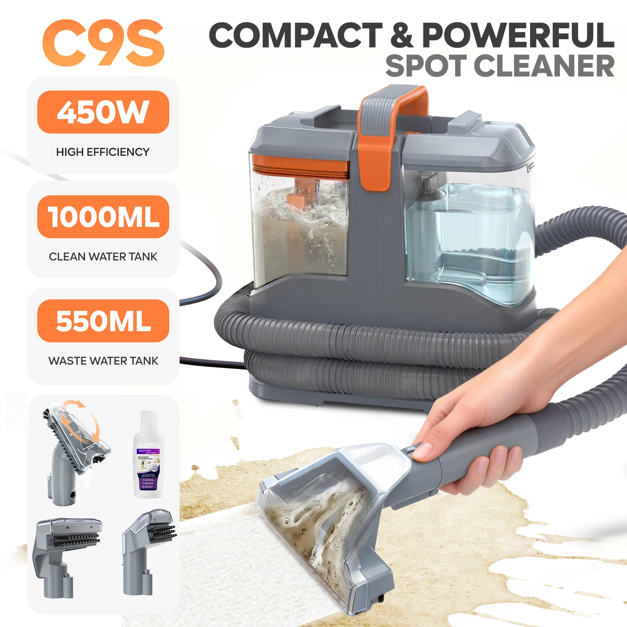 C9S Tapijtreiniger & Bankreiniger 13kPa, 450W Vlekkenreiniger voor Auto Interieur, Sproei-extractie Machine met 3 Borstels en Vloeistof