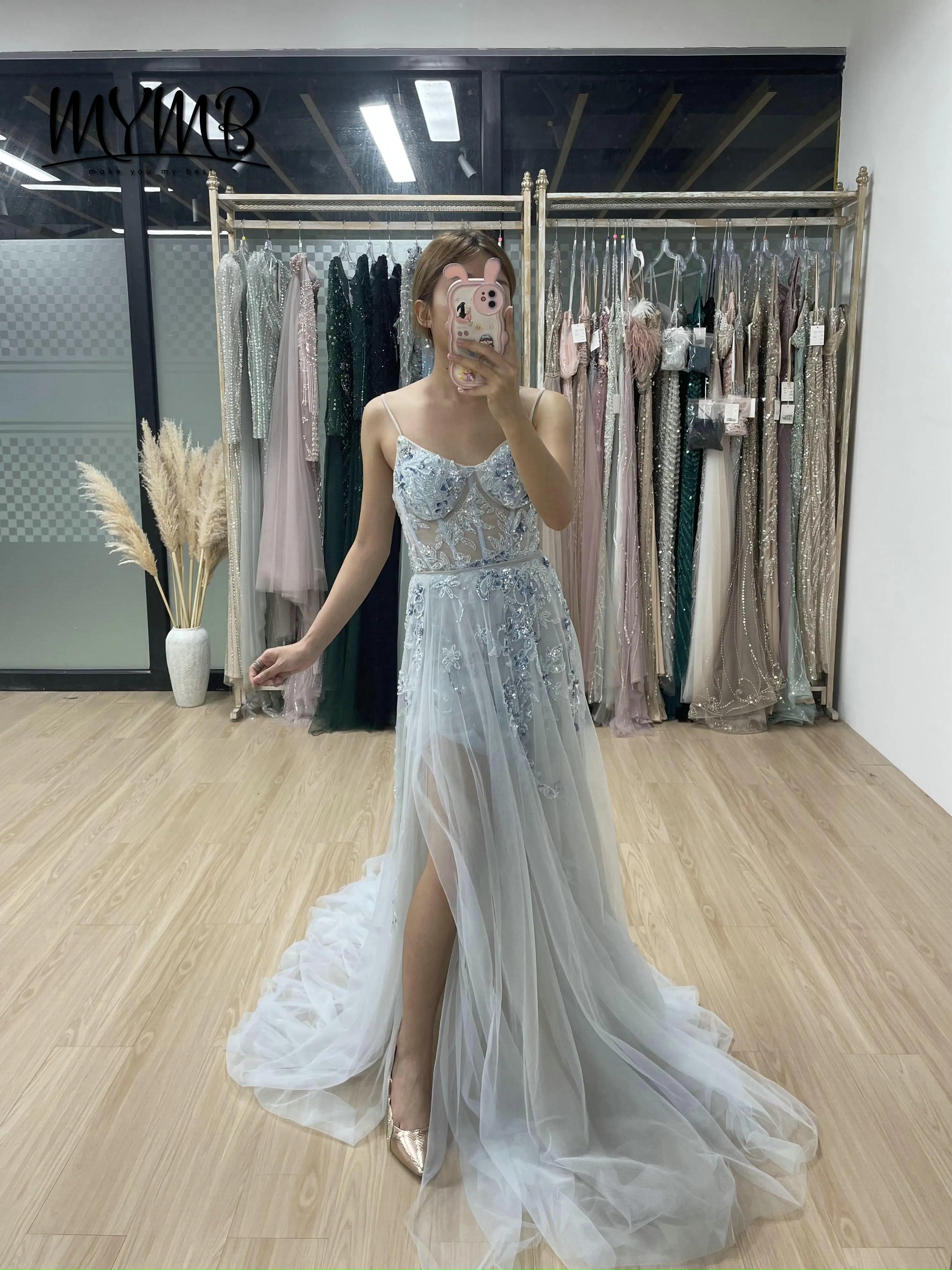 MYMB Chic Blue Mini Evening Dress With Delicate Floral Embroidery Thin Strap With Removable Low Skirt for Cocktail Party MY30012