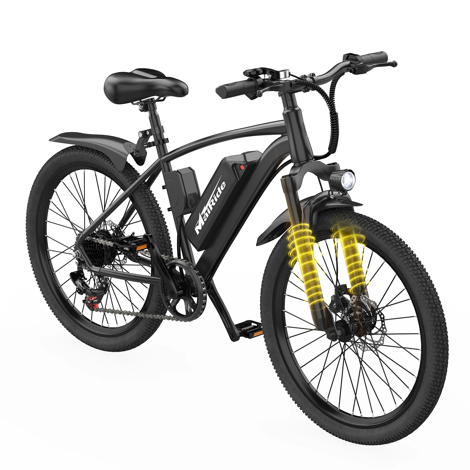 MaiRide Q7 26" Elektrische Mountainbike, 36V 10Ah uitneembare batterij, 45-75KM bereik, 7-versnellingen 250W off-road e-bike met voorvering, volwassen all-terrain e-bike 25KM/u