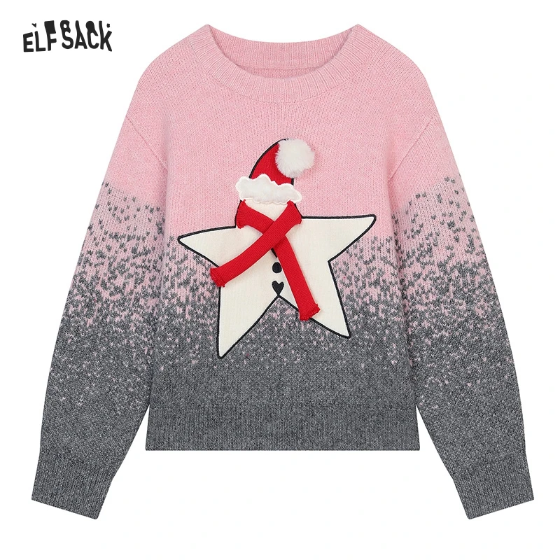 ELFSACK 2024 Winter New Arrivals Sweet Star Gradient Loose Thickened Sweater for Women