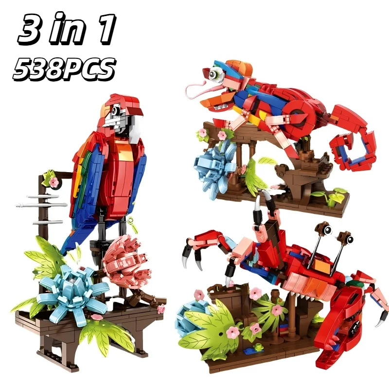 3 in 1 Simulatie Dier Bouwstenen MOC Jungle Serie Model Papegaai Kameleon Krab Cartoon Dier Bricks Speelgoed voor Kinderen geschenken