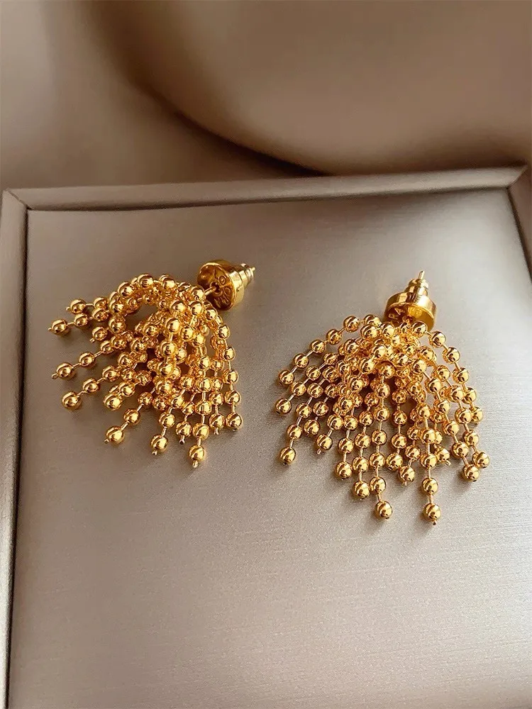 

Luxury Gold Beaded Tassel Earrings for Women – Statement Dangle Drop Earrings with Multi-Strand Waterfall Design