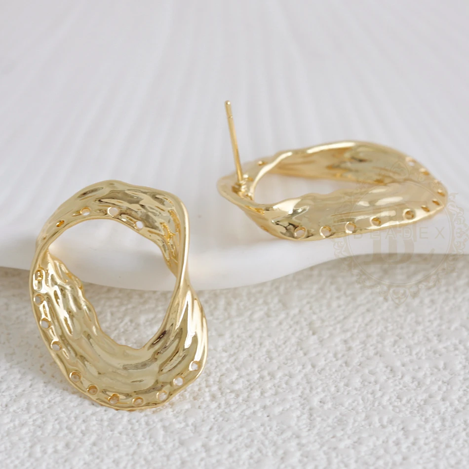 DIY Supply-2 Pieces Solid Brass Earring Post with Sterling Silver Pin - Multiple Holes Irregular 28.9x20.3mm (4923C-4)