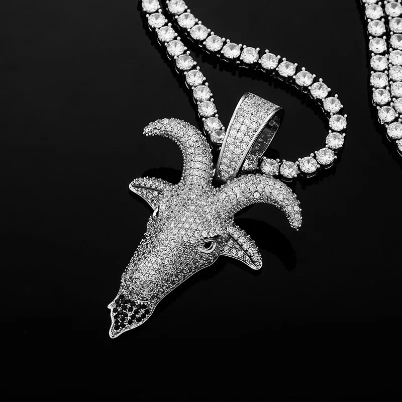 

Hip Hop Iced Out Goat Head Pendant Men Women Bling Lab Diamond Silver Color Animal Charm Necklace for Fashion Streetwear Jewelry