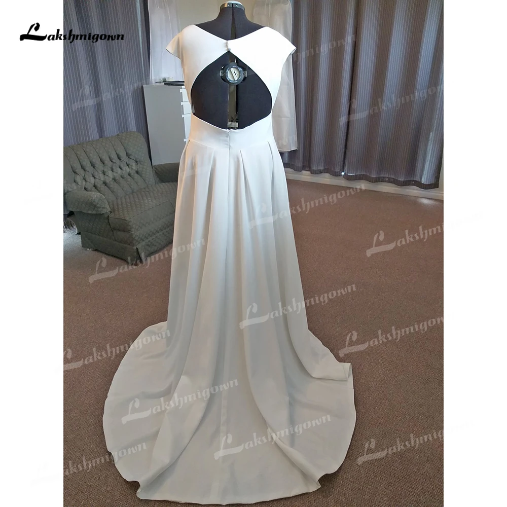 Simple Split V Neck Short Cap Sleeve Backless Belt Pleat Satin A Line Wedding Dress For Women Sexy Bride Gown Sweep Robe Vestido