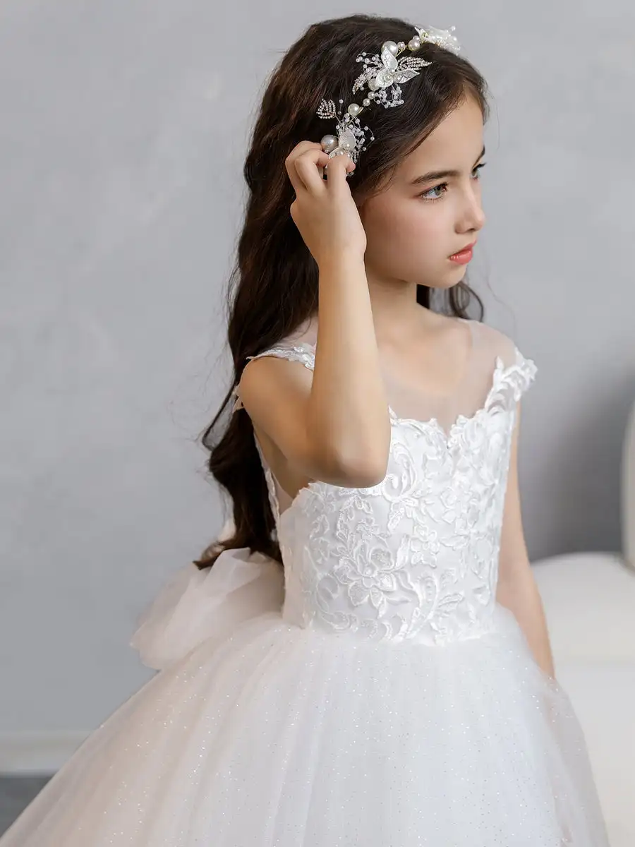 White Crew Neck Tulle Flower Girl Dresses With Applique & Satin Bowknot For Wedding and Birthday Party Dress