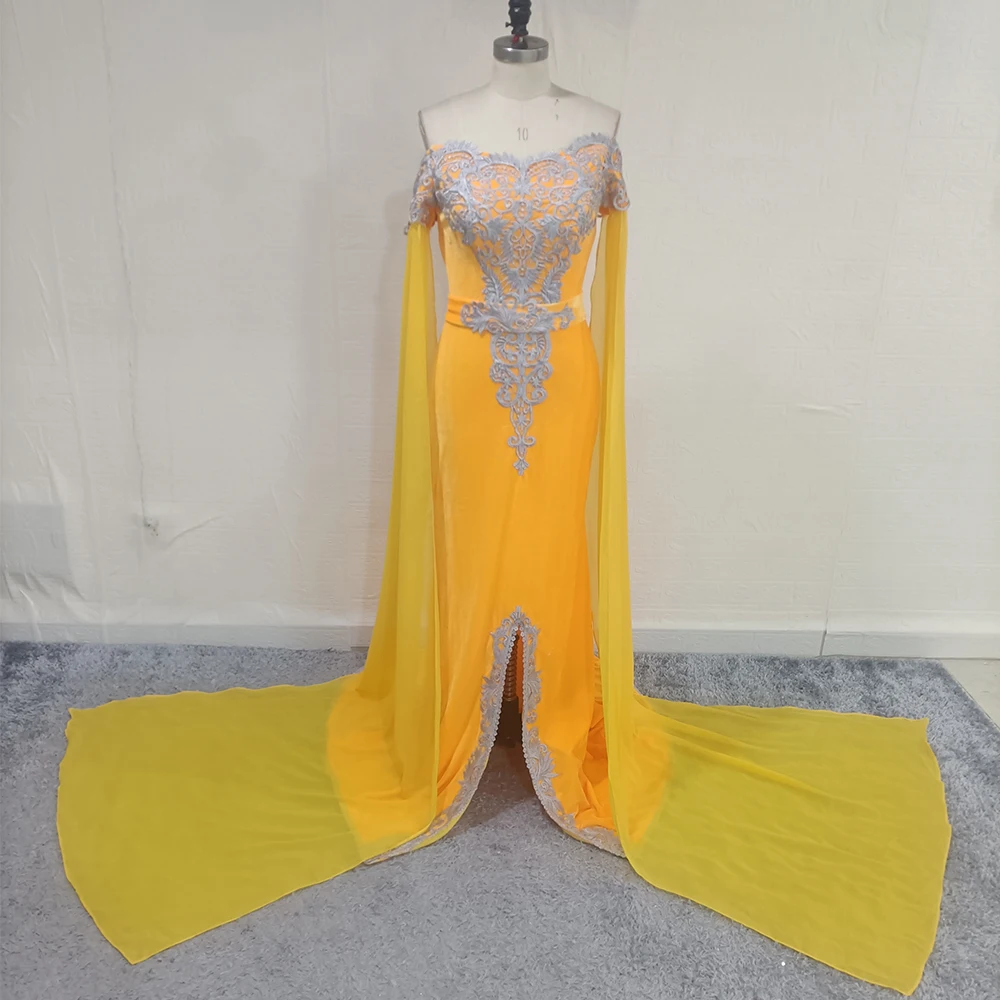 Vintage Mermaid Evening Dresses For Woman Off Shoulder Long Chiffon Cape Applique Morrocan Velour Kaftan Party Gown Velvet Robe