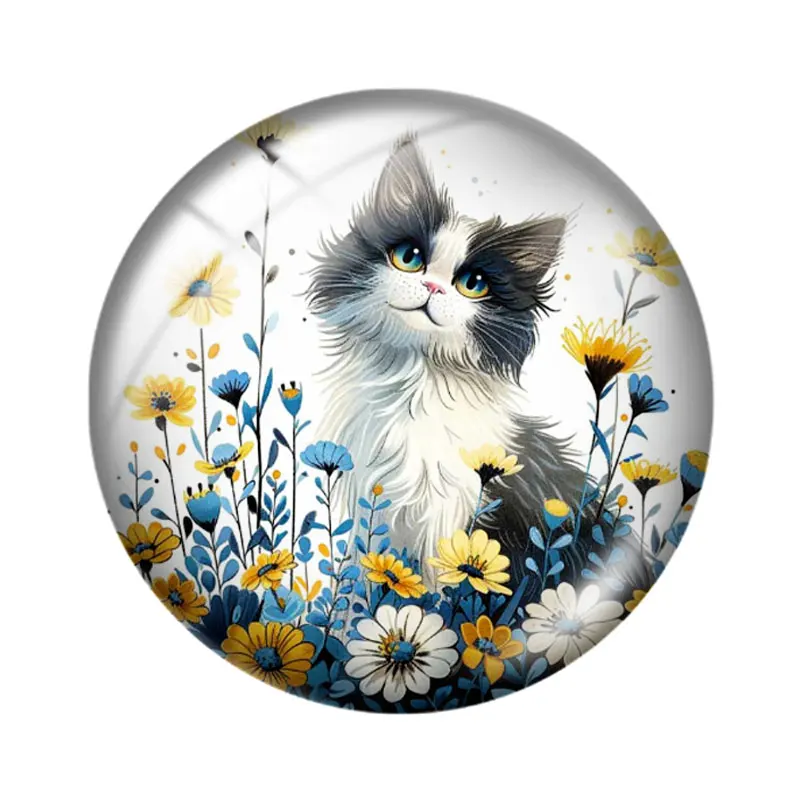 Simpatico gatto soffice in fiore Patch 12mm/14mm/16mm/18mm/20mm/25mm Foto rotonda cabochon in vetro con retro piatto Creazione di risultati per Pin Neckl