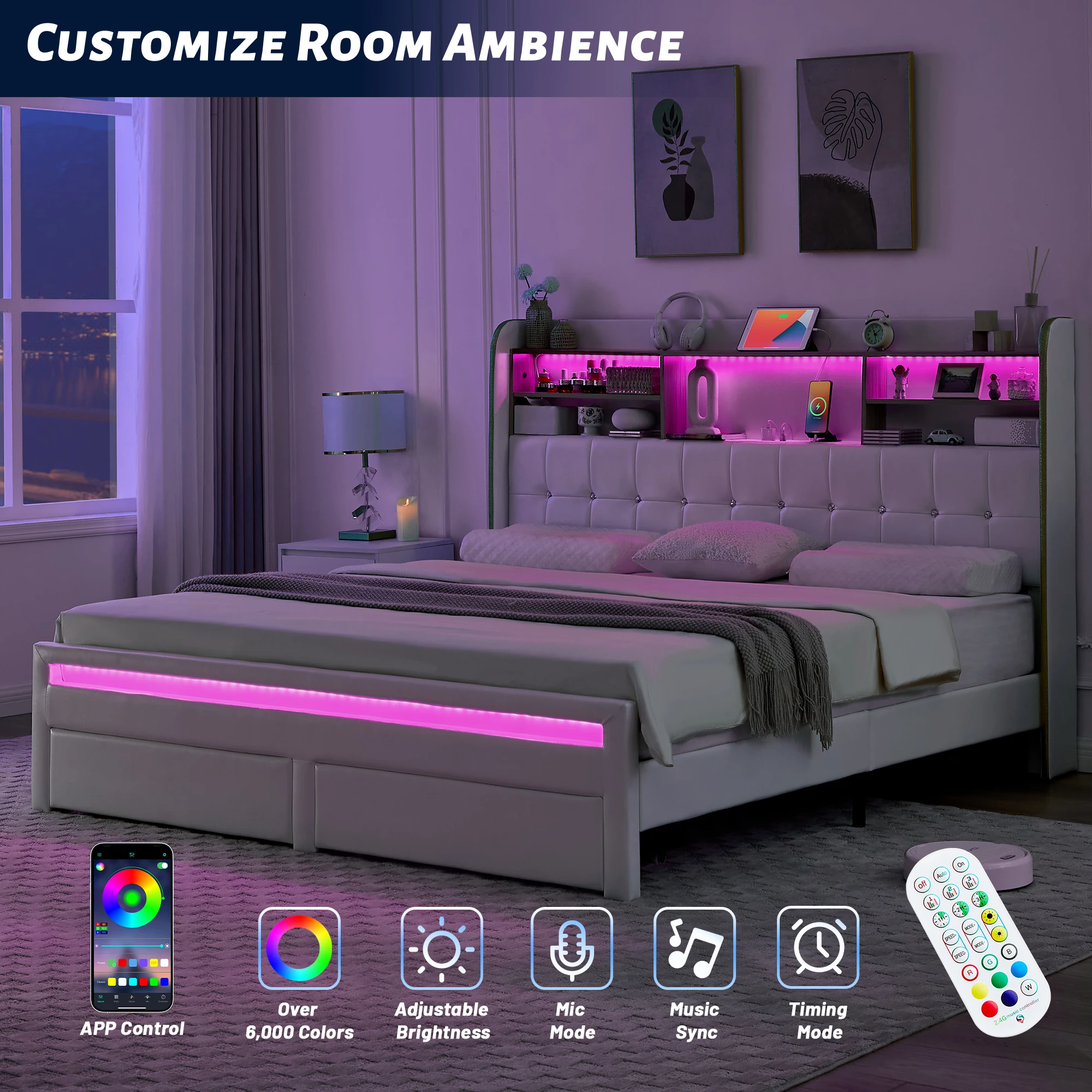 إطار سرير LED مع أدراج تخزين ولوح أمامي لخزانة الكتب، منصة منجدة مع محطة شحن، أسود/أبيض/رمادي/كريمي