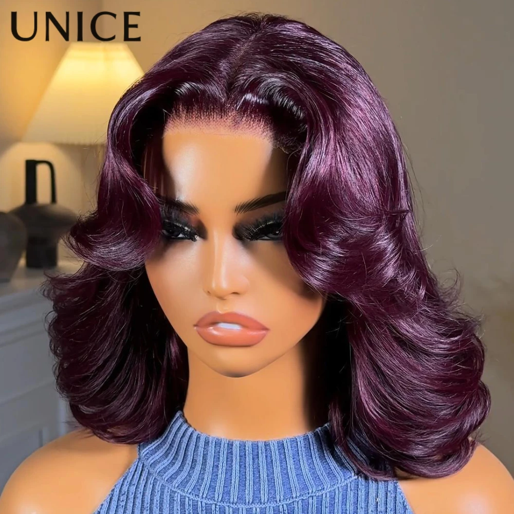 

Парик UNice 7x5 Lace No-Slip Cap, черно-вишневый, волнистый, фасон боб, с прорисовкой контура лица, без клея, 100% натуральные человеческие волосы, плотность 150%