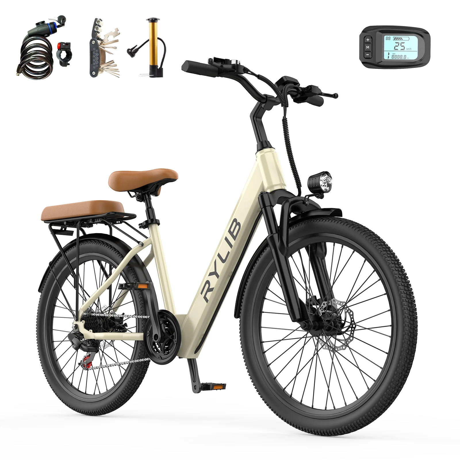 Elektrisches Citybike 24'' für Erwachsene SU7, 36V 13Ah Integrierter Akku, 250W, 7 Gänge, 25km/h, 35–55km Reichweite, LED Display mit NFC Entsperrung, 250W Urban E-Bike für Damen und Herren