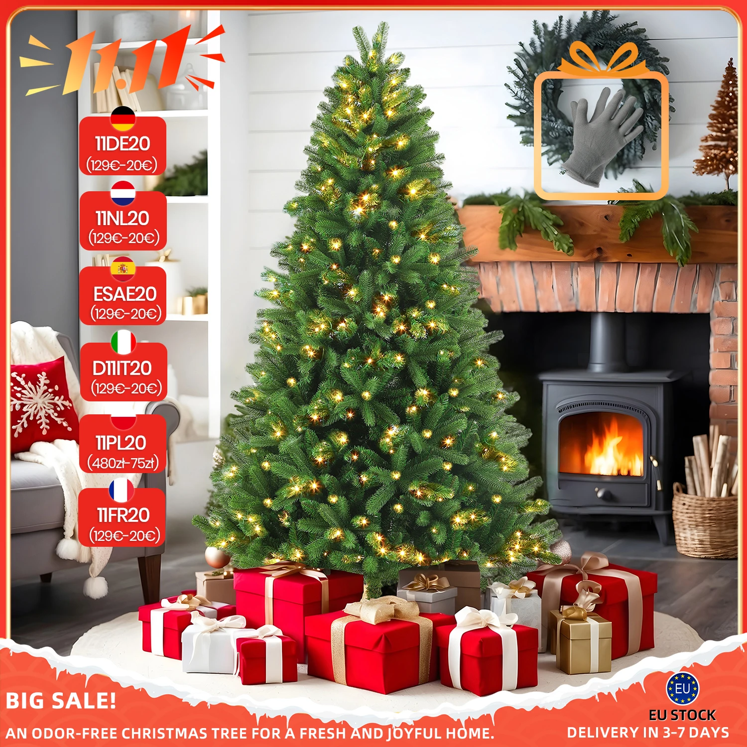 Arbres de noël artificiels 180/210/235CM, lumières LED 250/340/450, pointes 1/180/1276/1684, PVC + PE, arbre sur pied en bois, décoration de fête