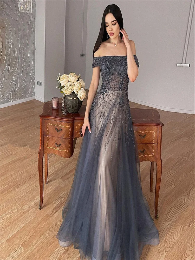 2023 Elegant Luxury Arabian Long Strapless Navy Blue A-line Bar Mitzvah Engagement Appropriate Formal Party Evening Dress