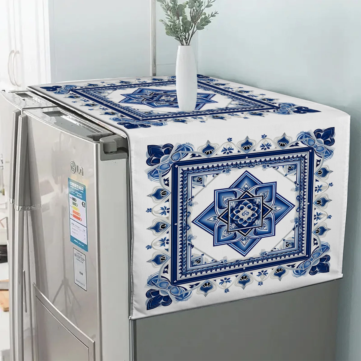 Blue White Floral Ethnic Design Refrigerator Dust Cover Washable Printing Washing Machine Cabinet Dust Protection Cover