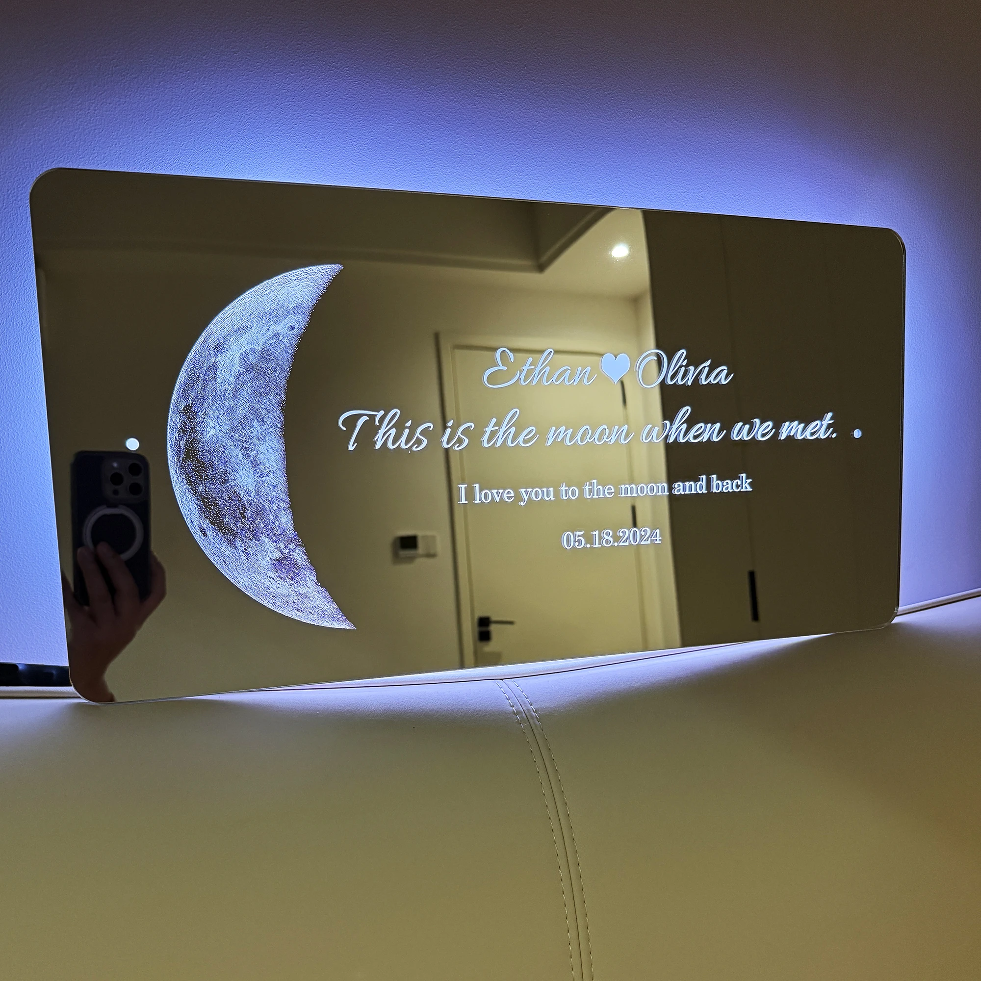 مرآة LED مخصصة لمرحلة القمر للزوجين - تاريخ وأسماء الذكرى السنوية المخصصة، ديكور غرفة نوم مثبت على الحائط لعيد الحب/الزفاف #4