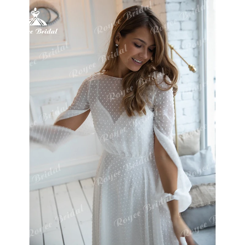 Simple Boho O-Neck High Waist Sexy Backless Belt A-Line Wedding Dresses Tulle Bridal Gowns Sweep Lantern Sleeve Beach vestido