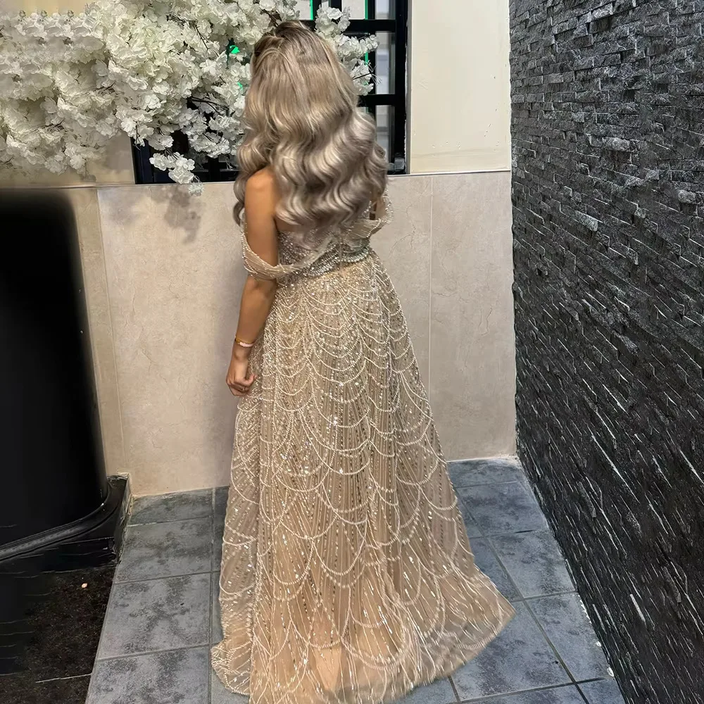 Sharon Said Luxuriöses Arabisches Perlenbesetztes Nude-Abendkleid für Dubai-Hochzeit, Schulterfrei, Übergröße, Formelle Partykleider SS676 Maßanfertigung – Detail 7