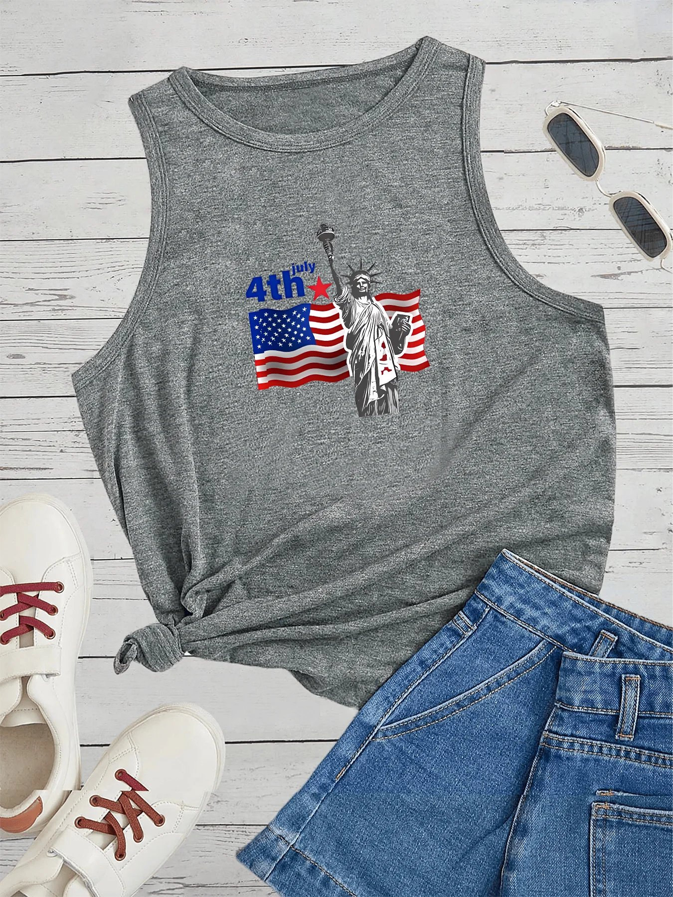 Statue of Liberty Flag Independence Day Happy 4th July Fashion Funny Sports Women's Tank Top Loose O Neck Sleeveless Casual Tank