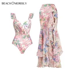 2024 Women's swimsuits 2 pieces Floral Print One Piece and Mesh Splicing Skirt  Summer Swimwear  Women  Beachwear Bathing Suit